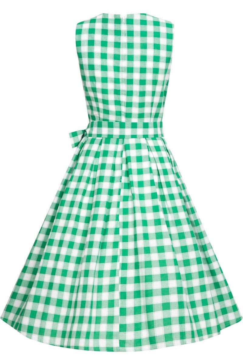 Green white gingham check print fit and flared dress back