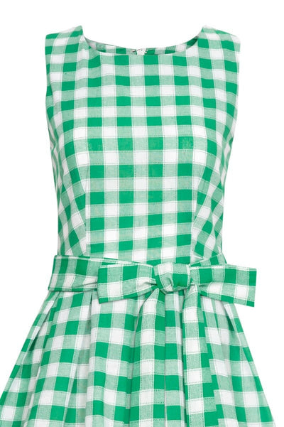 Green white gingham check print dress close up