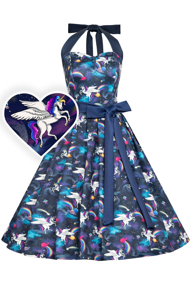 Women's Halter Neck Blue Unicorn Swing Dress