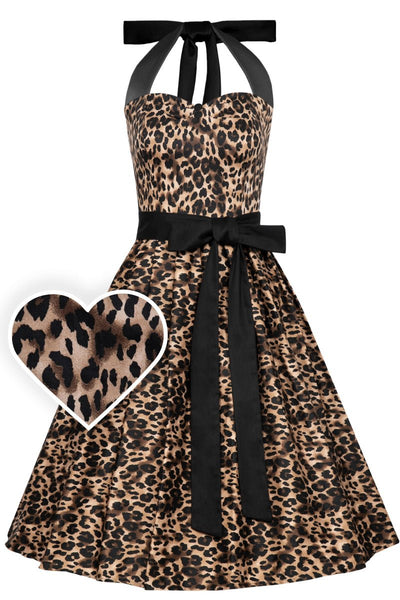 Brown Halter Neck Leopard Print Swing Dress