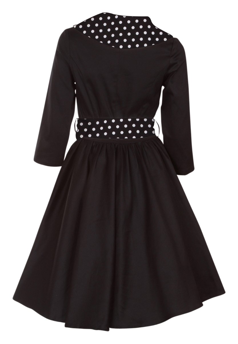 Black white polka dot collared swing dress back