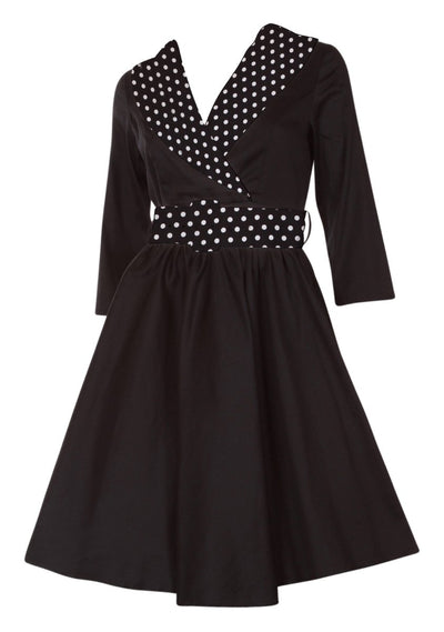 Black white polka dot collared swing dress
