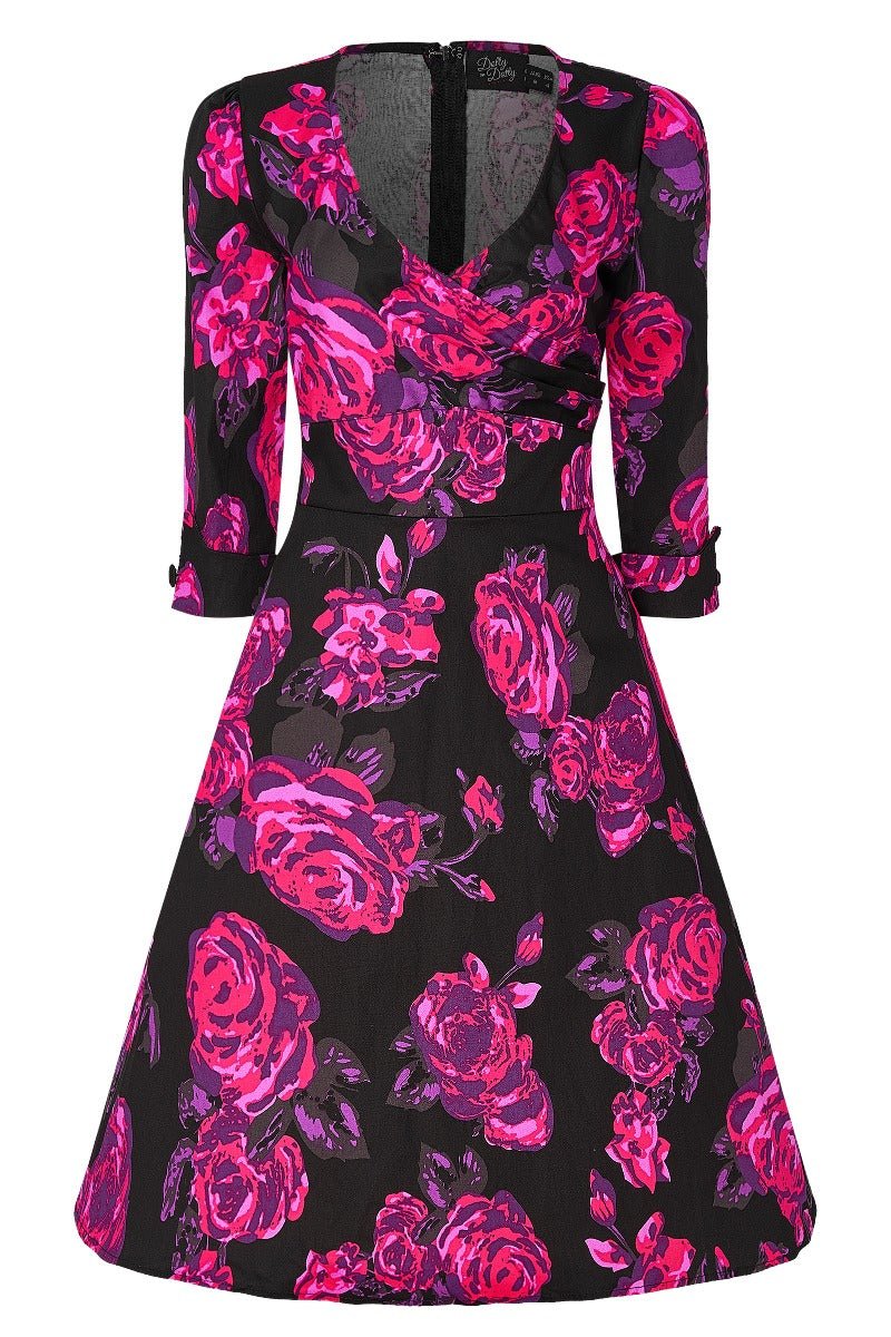 V neck sleeved dress in black and pink floral print