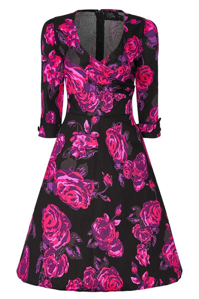 V neck sleeved dress in black and pink floral print