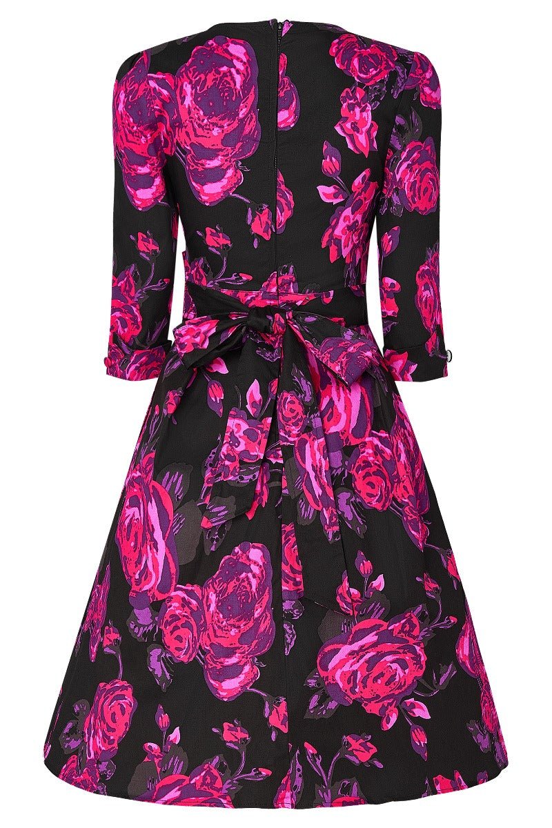 V neck sleeved dress in black and pink floral print back view