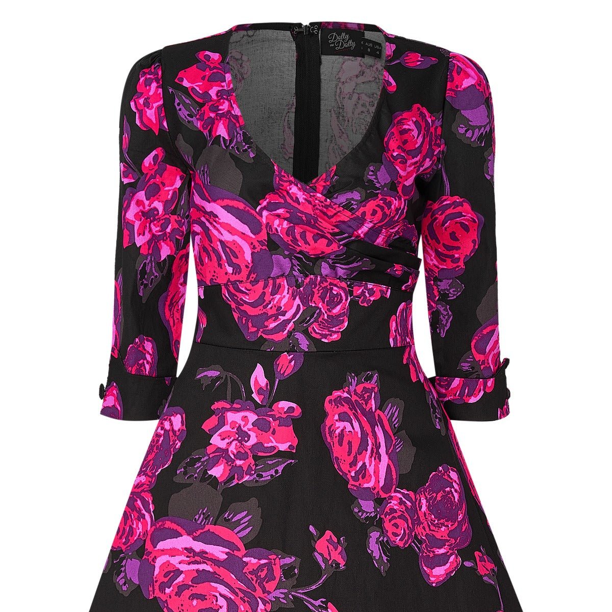 V neck sleeved dress in black and pink floral print close up