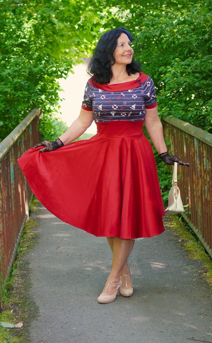 Darlene Nautical Navy Blue/Burgundy Swing Dress