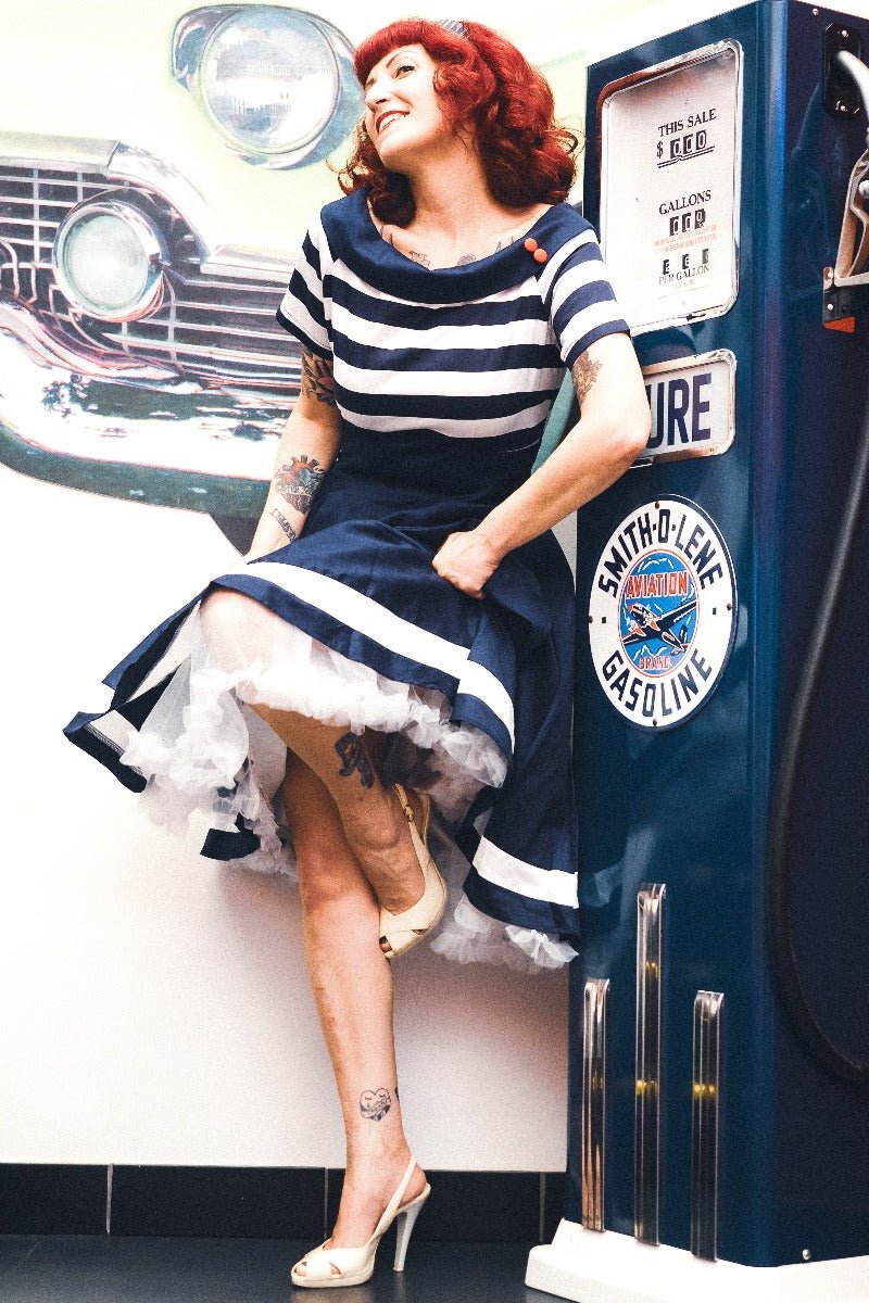 Darlene Nautical Navy Blue & White Striped Swing Dress