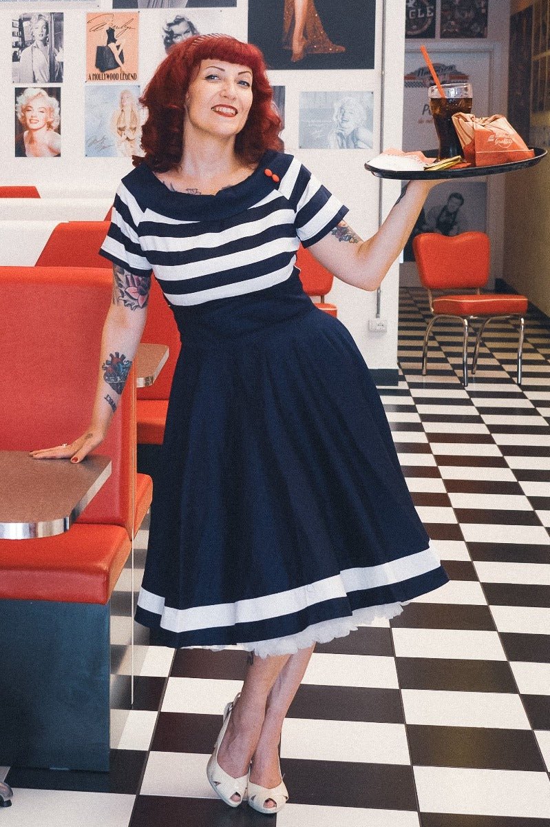 Darlene Nautical Navy Blue & White Striped Swing Dress Darlene Nautical Navy Blue & White Striped Swing Dress
