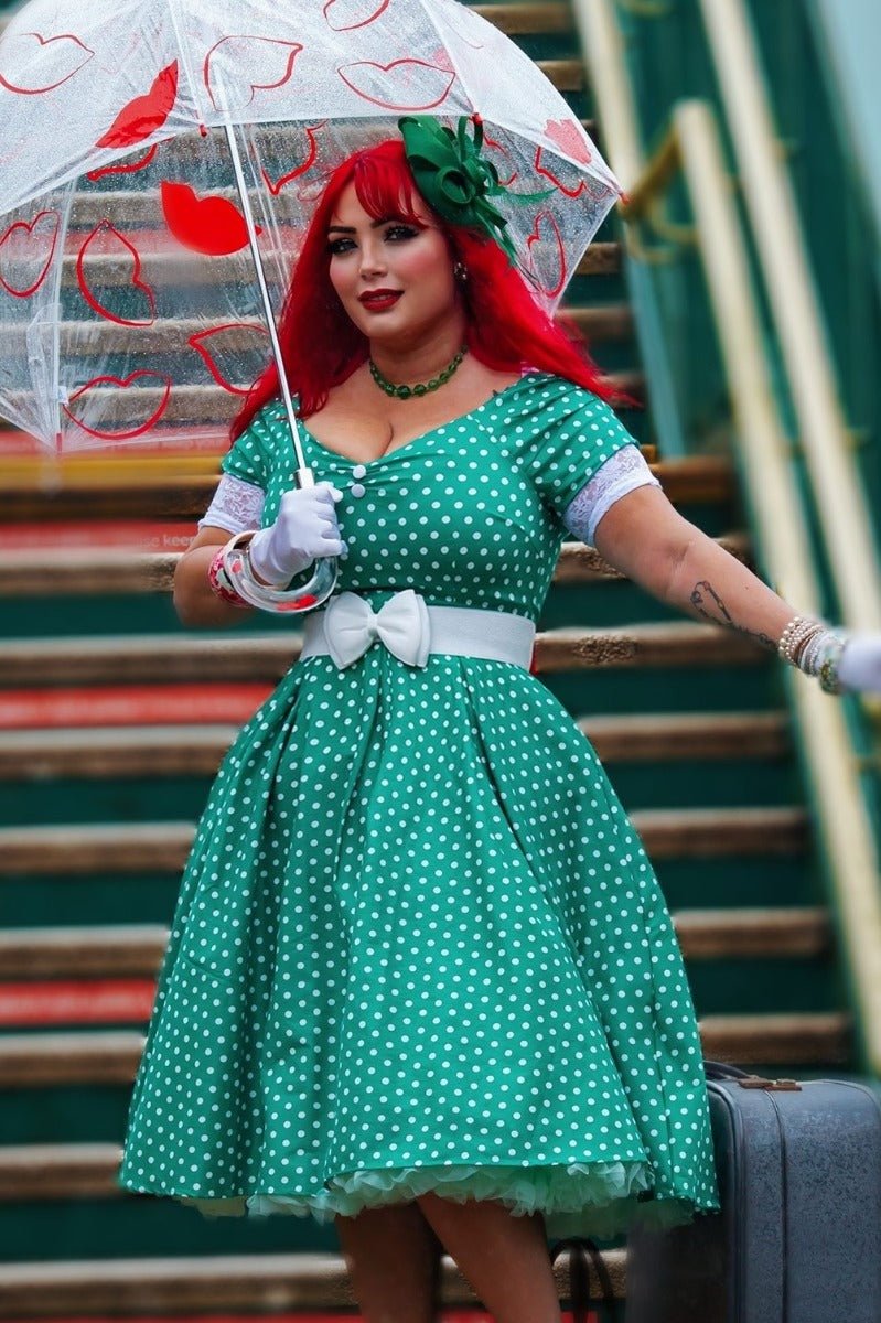 Women's Off Shoulder Green Polka Dot Swing Dress