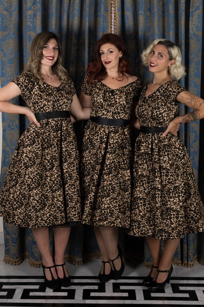 Customers wearing brown leopard print short sleeve swing dress