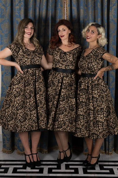 Customers wearing brown leopard print short sleeve swing dress