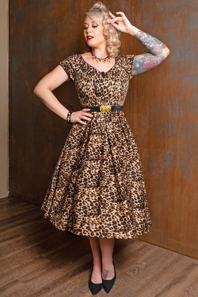 50s Rockabilly Animal Print Full Circle Dress with Pockets front