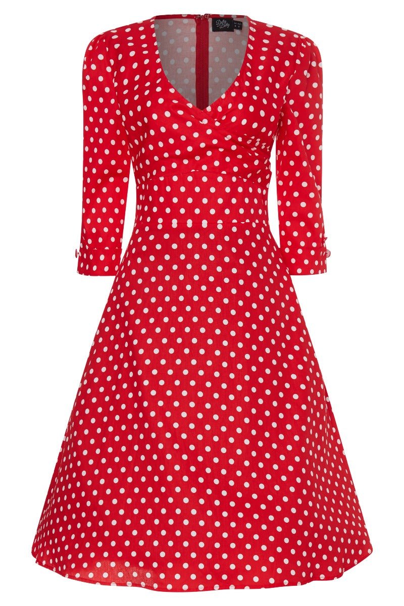 Red sleeved flared dress with white polka dots