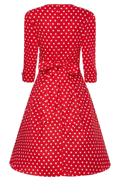 Red sleeved dress with white polka dots