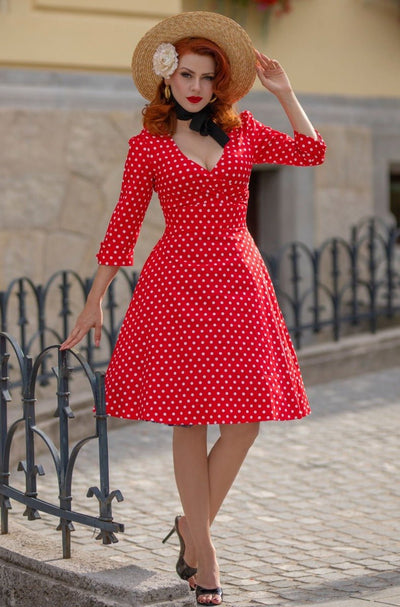 Women's Red Polka Dot Long Sleeved Swing Dress