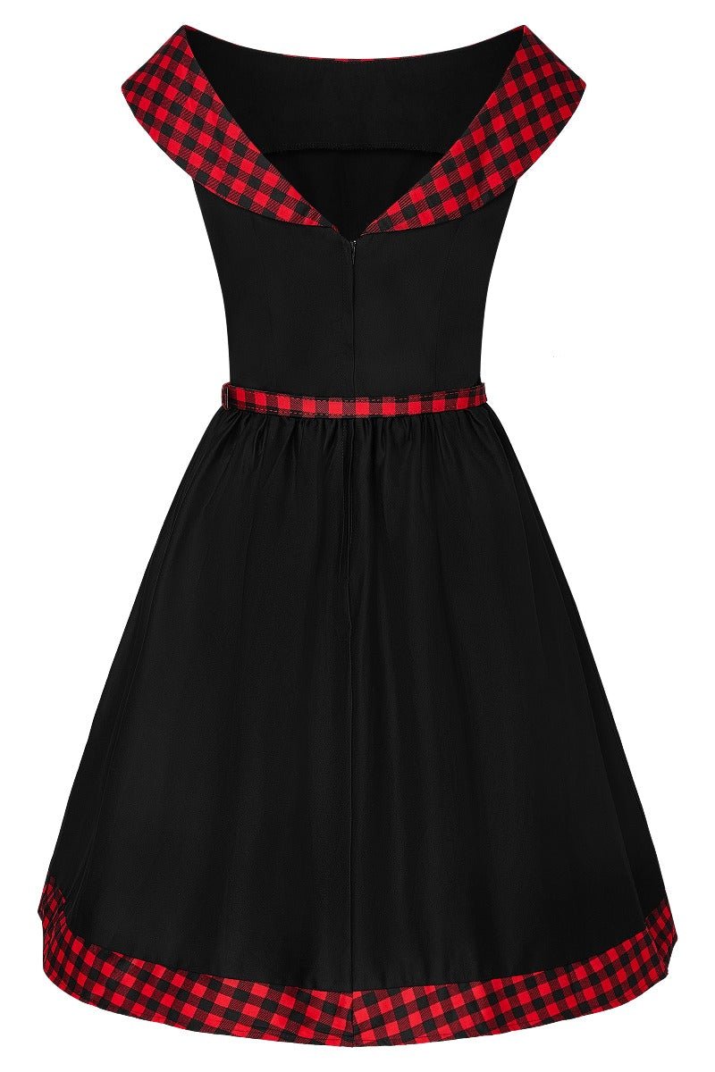 Black swing dress with red tartan 50's roll collar back view