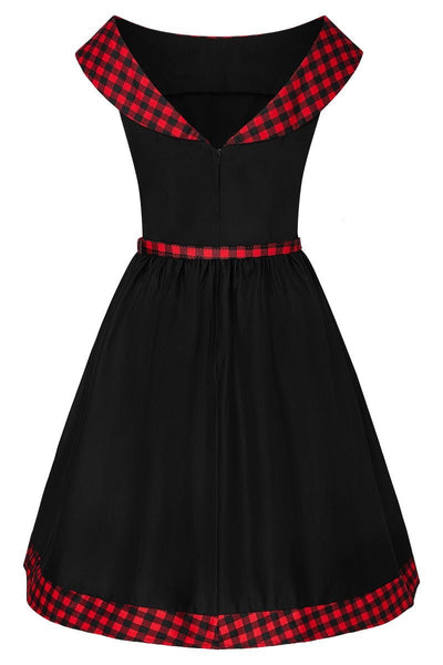 Black swing dress with red tartan 50's roll collar back view