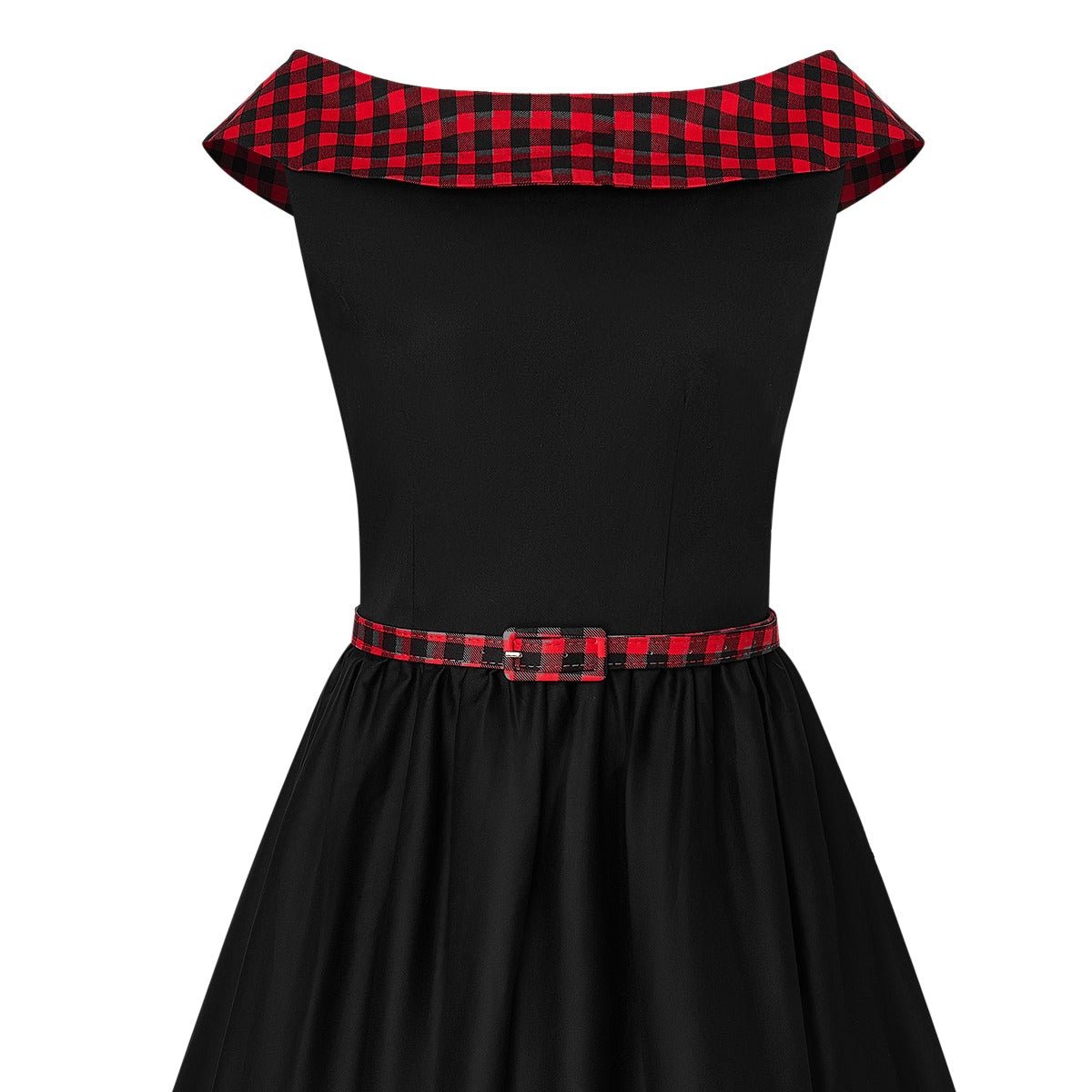 Black swing dress with red tartan 50's roll collar close up