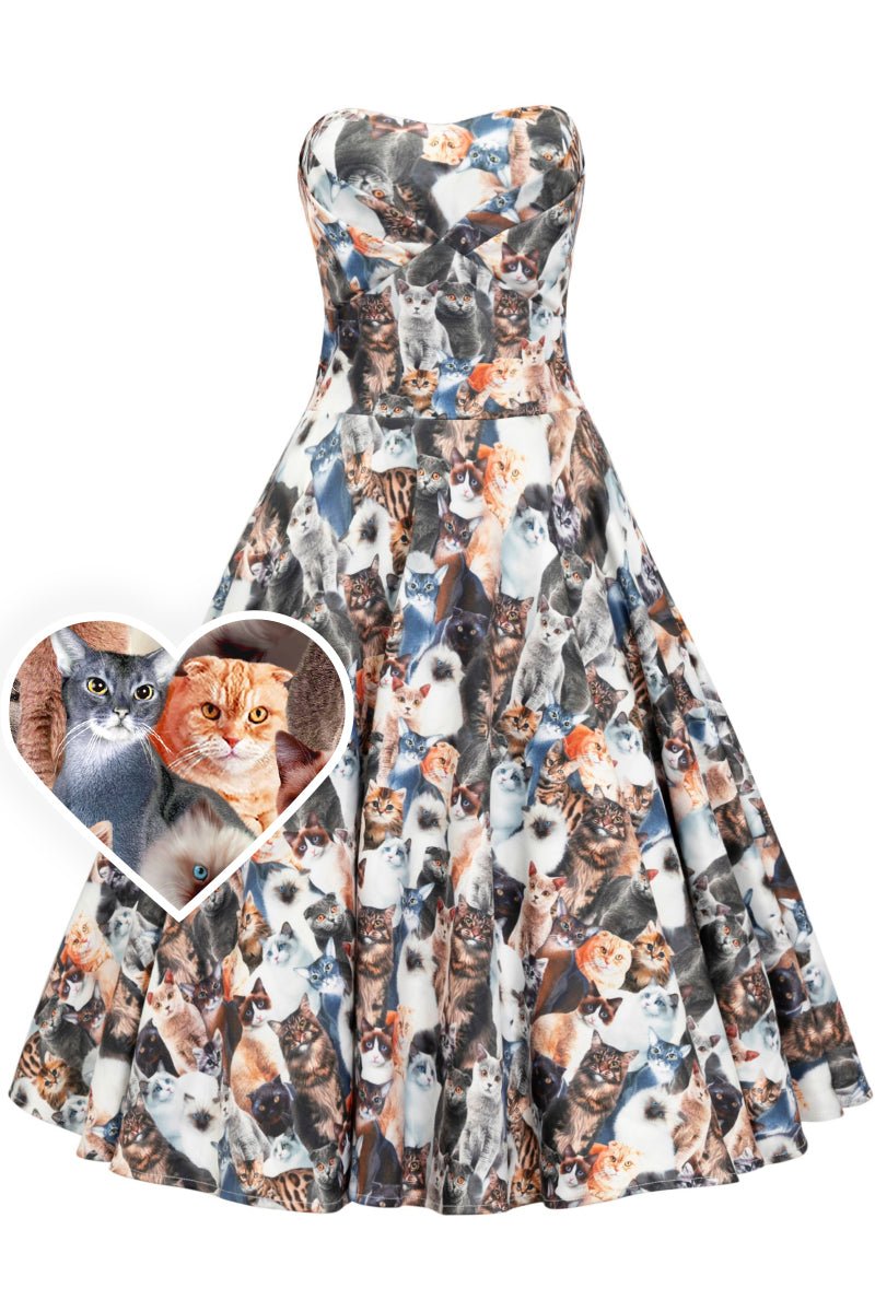 Strapless vintage dress with a photo-realistic cat print