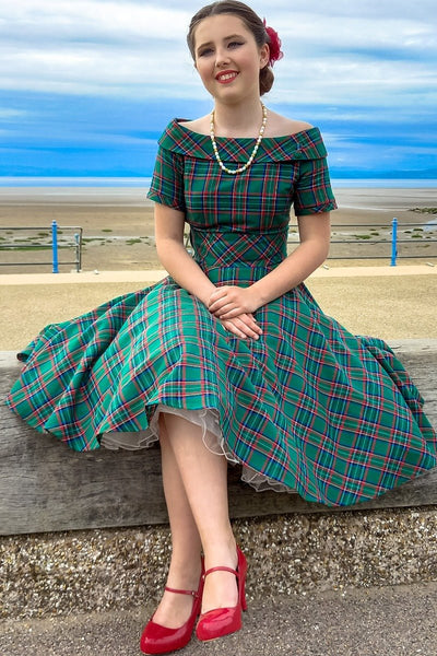 Women's Retro Check Swing Dress in Green