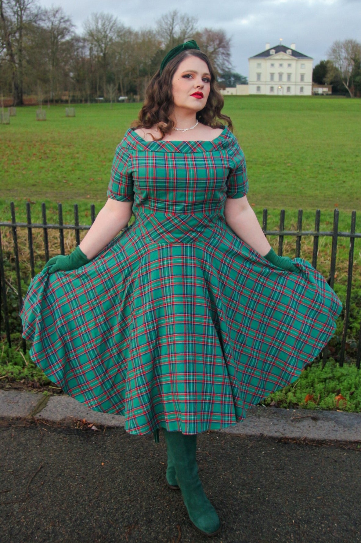 Women's Retro Check Swing Dress in Green