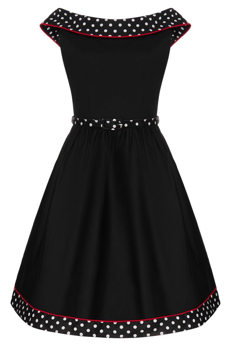 Cindy Retro Dress in Black Polka and Red Piping