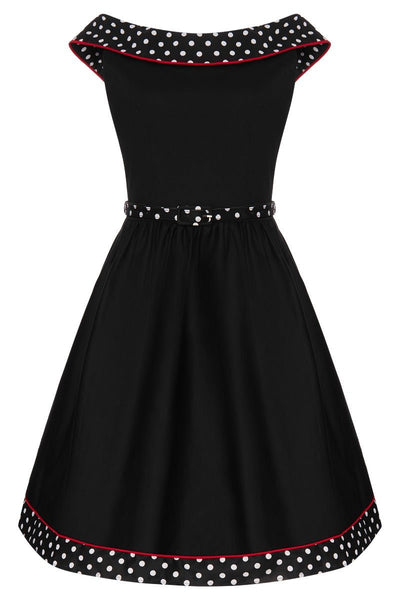 Cindy Retro Dress in Black Polka and Red Piping