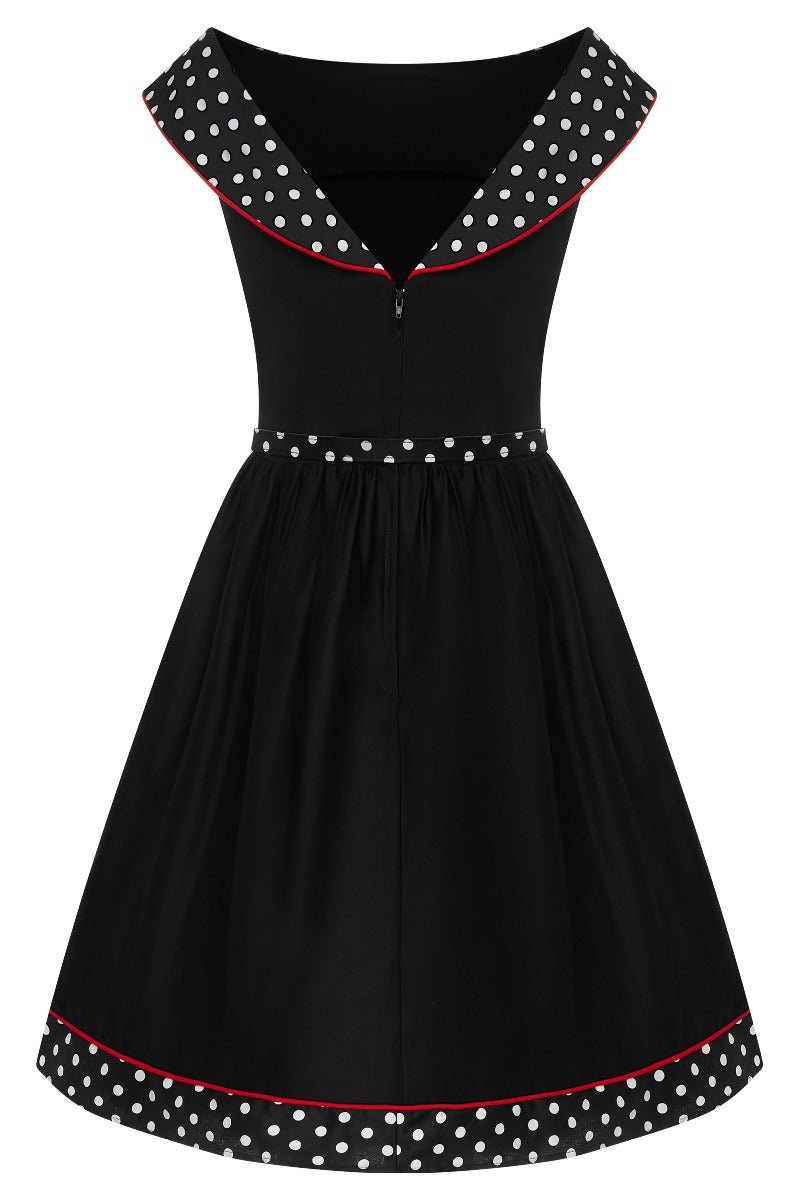 Cindy Retro Dress in Black Polka and Red Piping