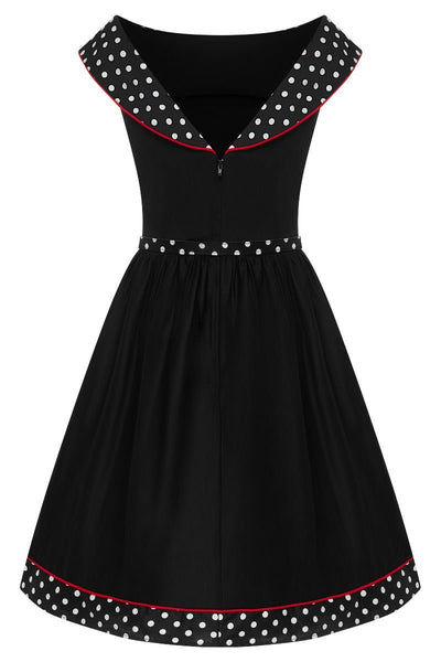 Cindy Retro Dress in Black Polka and Red Piping
