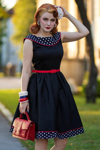 Women's Retro Dress in Black Polka and Red Piping 