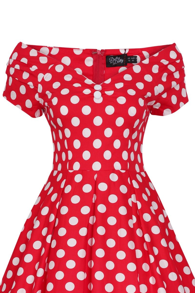 1950s off shoulder swing dress Lily Retro Off Shoulder Red Polka Dot Swing Dress
