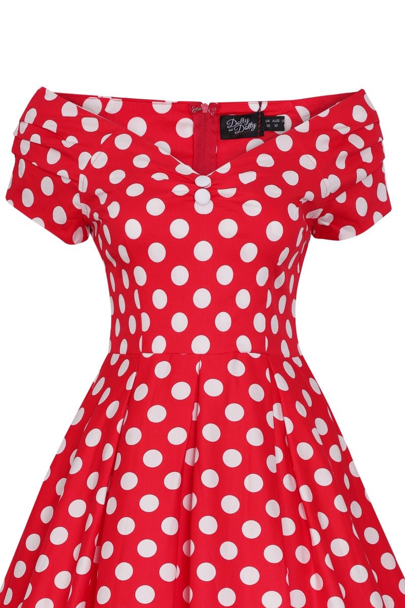 V neck, off-shoulder flared dress, in red, with white polka dots, top view