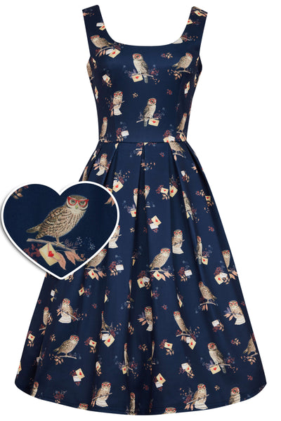 womens-blue-owl-letter-post-print-swing-dress-front-view