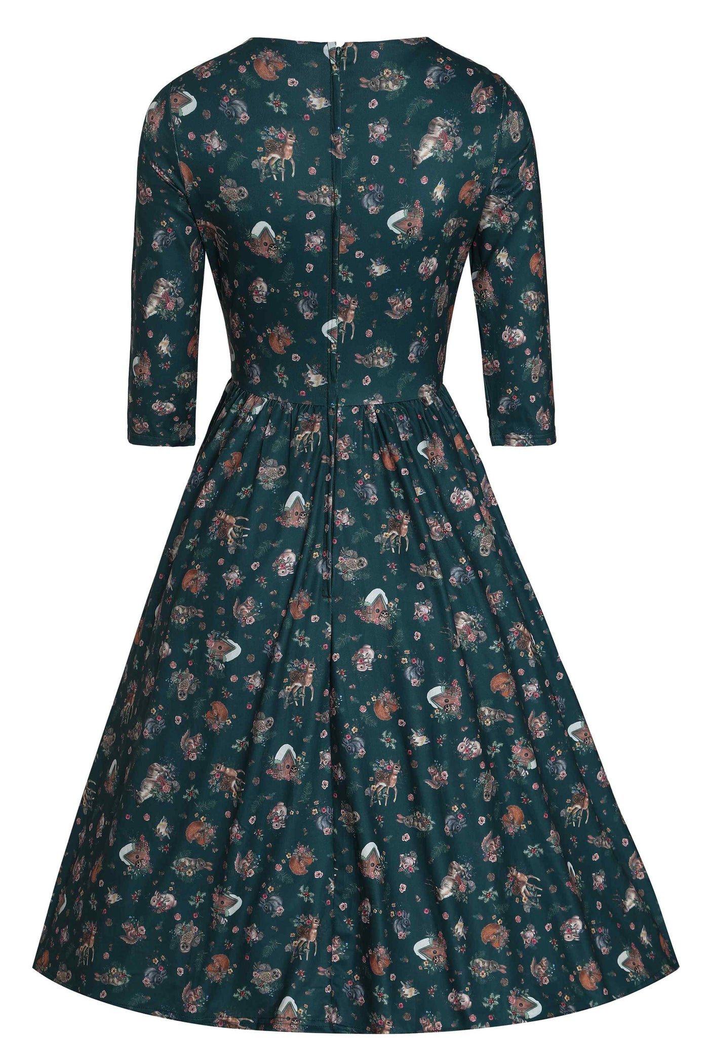 Back view of Woodland Deer and Owl Dress in Green