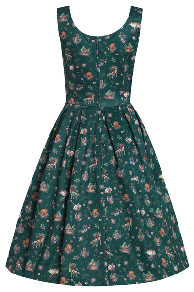 Back View of Woodland Forest Sleeveless Swing Dress in Green