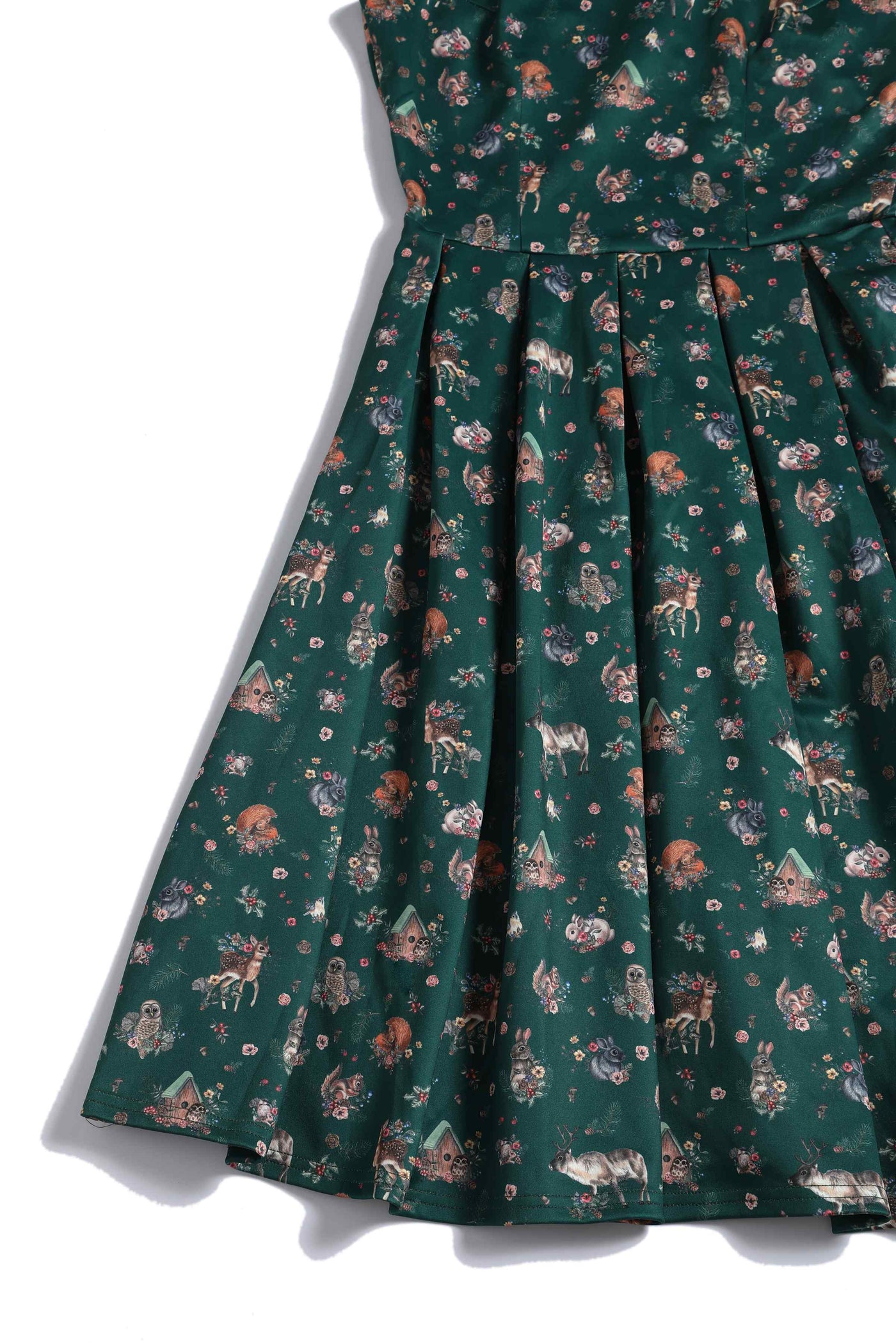 Close up View of Woodland Forest Sleeveless Swing Dress in Green