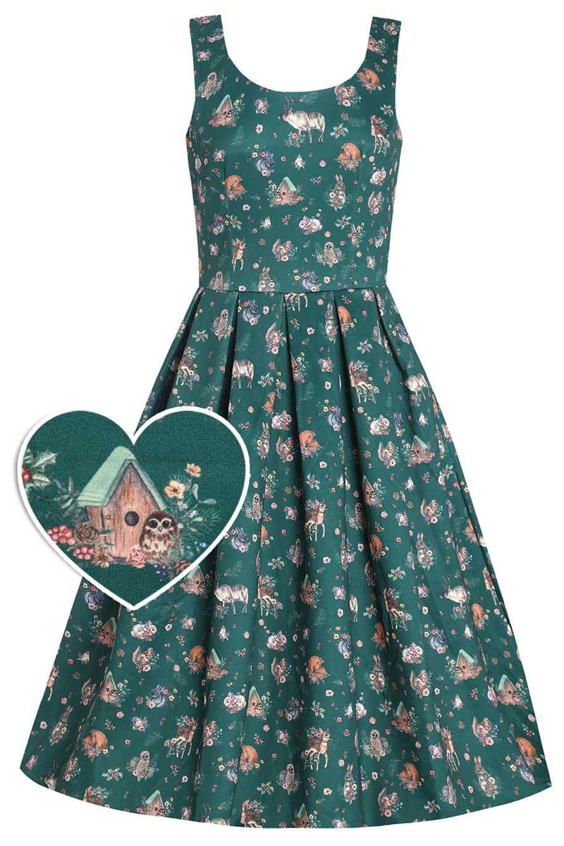 Front View of Woodland Forest Sleeveless Swing Dress in Green
