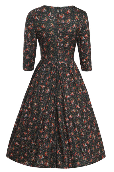 Back View of Woodland Fox Den Print Dress in Brown