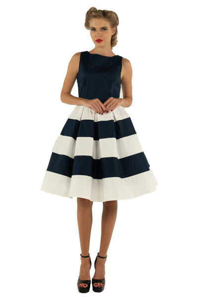 Model in Striped Swing Dress in Navy and White