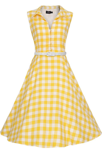 Sleeveless button-top swing dress, in yellow/white gingham check print, with white belt, front view