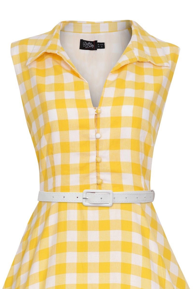 Sleeveless button-top swing dress, in yellow/white gingham check print, with white belt, top view